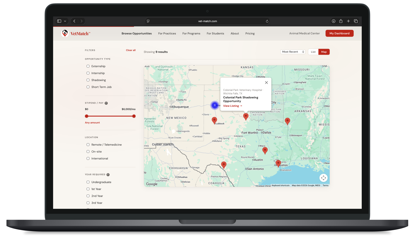VetMatch map search page